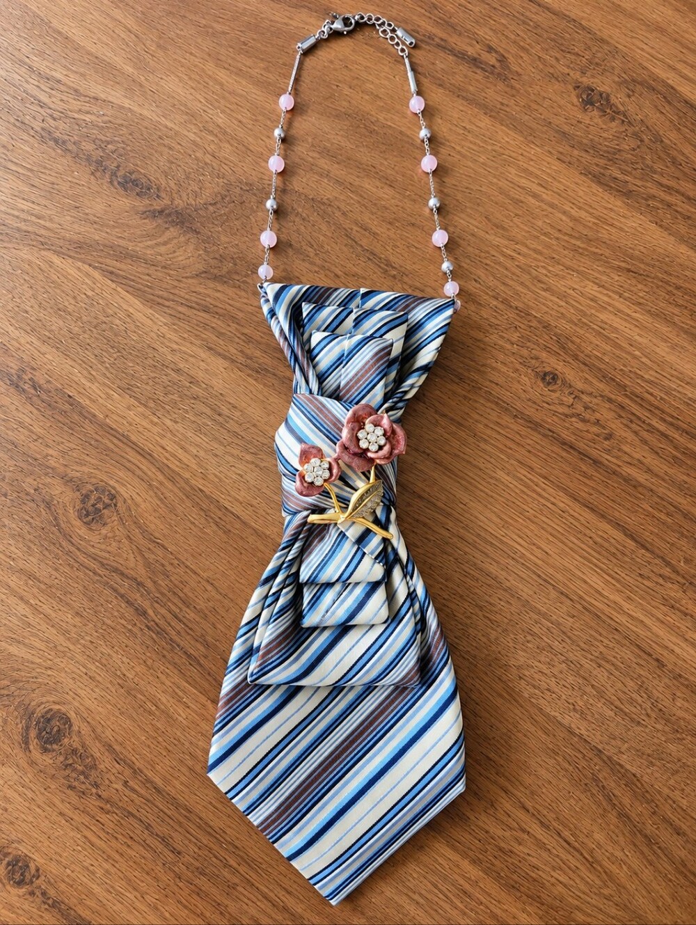Striped Blue Women's Silk Tie Necklace with Vintage  Pink Flower Brooch
